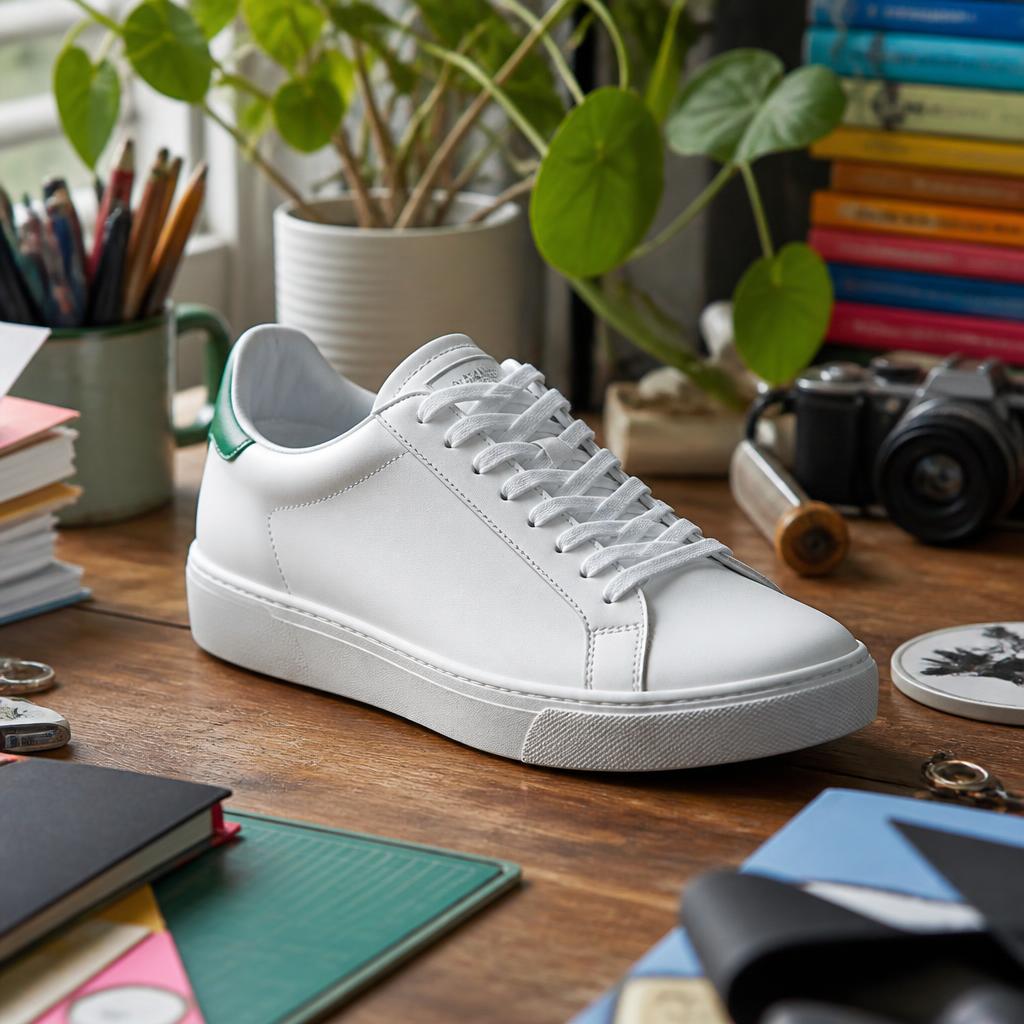 Sneaker photographed on a cluttered desk before background removal
